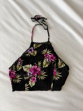 Forever 21 Black Hibiscus Flower Halter Top